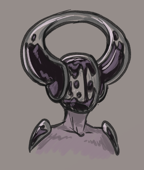 A loosely sketched portrait of a humanoid with a head made of glass, filled with some sort of dark purple floating goo. A single horn almost resembling a halo encircles the top of their head, made of the same filled-glass material.